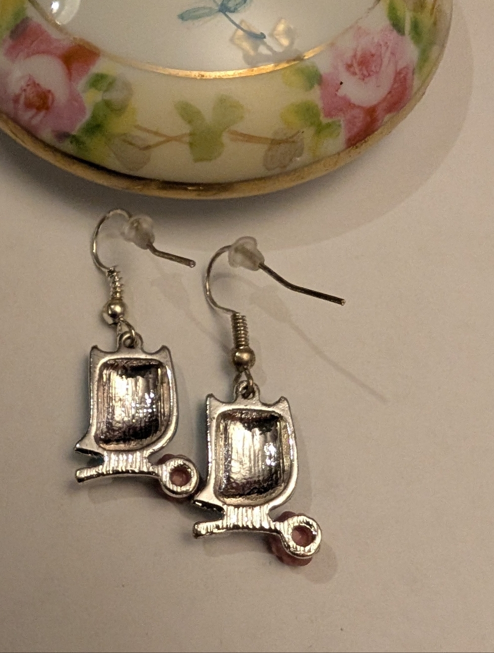 Whimsical Blue Owl Dangle Earrings with Rose Accent - Picture 3 of 3